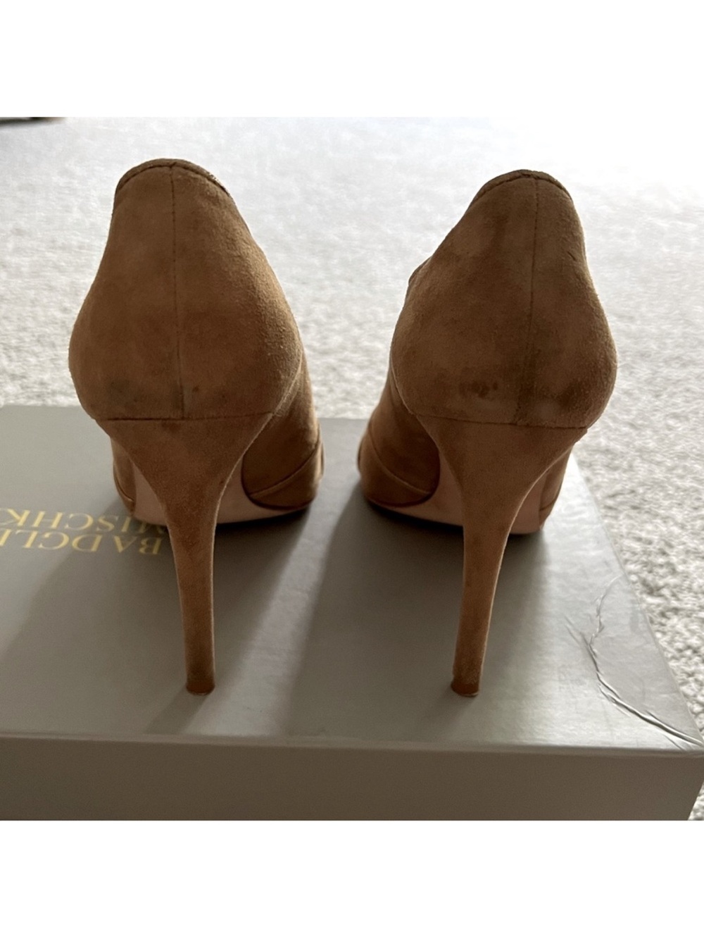 Badgley Mischka Tan Suede Sculpted V-Cut Stiletto Booties - Picture 6 of 6